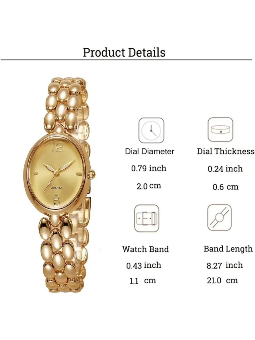 Women’s Gold Lightweight Oval Dial Quartz Analog Elegant Beaded Band Wrist Watch